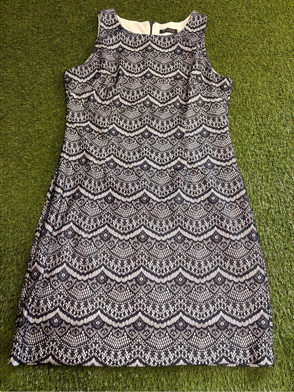 Guess Navy and White Lace-Pattern Sleeveless Shift Dress